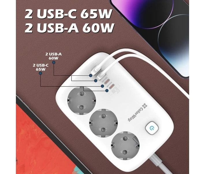 Фото - сетевой фильтр Сетевой фильтр СolorWay 3 розетки/4USB GaN3 Pro PD (2USB-A + 2 TYPE-C) (65W) 2M white (CW-CHE34PDW)