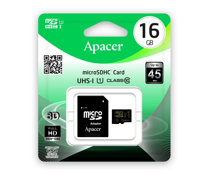 Фото - карту памяти Карта памяти Apacer microSDHC UHS-I 16GB сlass10+SD (AP16GMCSH10U1-R)