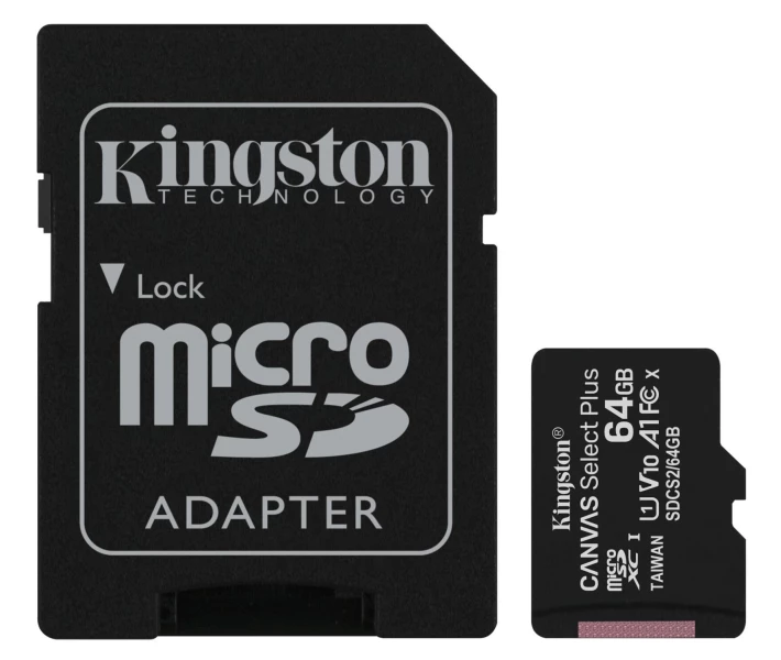 Фото - карту памяти Карта памяти Kingston 64GB microSDXC Canvas Select Plus 100R A1 C10 + SD адаптер (SDCS2/64GB)