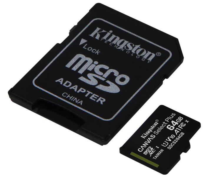 Фото - карту памяти Карта памяти Kingston 64GB microSDXC Canvas Select Plus 100R A1 C10 + SD адаптер (SDCS2/64GB)