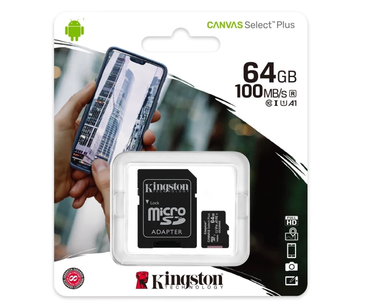 Фото - карту памяти Карта памяти Kingston 64GB microSDXC Canvas Select Plus 100R A1 C10 + SD адаптер (SDCS2/64GB)