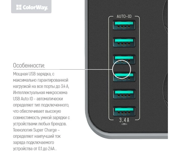 Фото - сетевой фильтр Сетевой фильтр ColorWay 3 розеток/6USB Black (CW-CHE36B) 1,8m