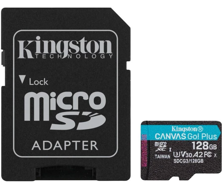 Фото - карту памяти Карта памяти Kingston MicroSDXC 128GB Canvas Go! Plus Class 10 UHS-I U3 V30 A2 + SD-адаптер (SDCG3/128GB)