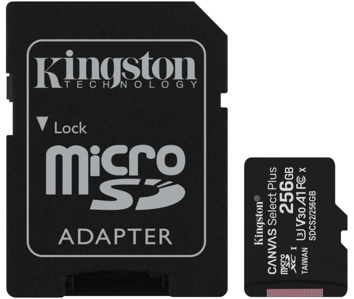 Фото - карту памяти Карта памяти Kingston microSDXC 256GB Canvas Select Plus Class 10 UHS-I U3 V30 A1 + SD-адаптер (SDCS2/256GB) 