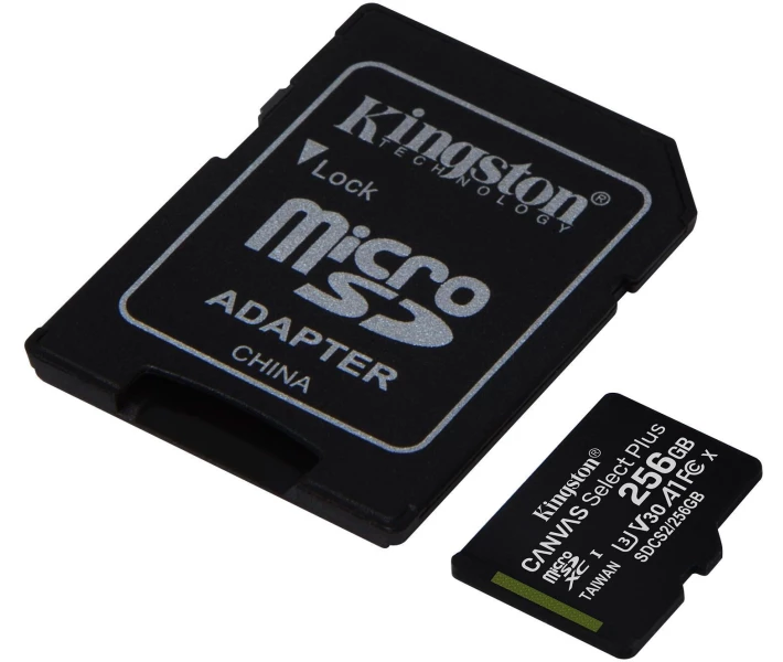 Фото - карту памяти Карта памяти Kingston microSDXC 256GB Canvas Select Plus Class 10 UHS-I U3 V30 A1 + SD-адаптер (SDCS2/256GB) 