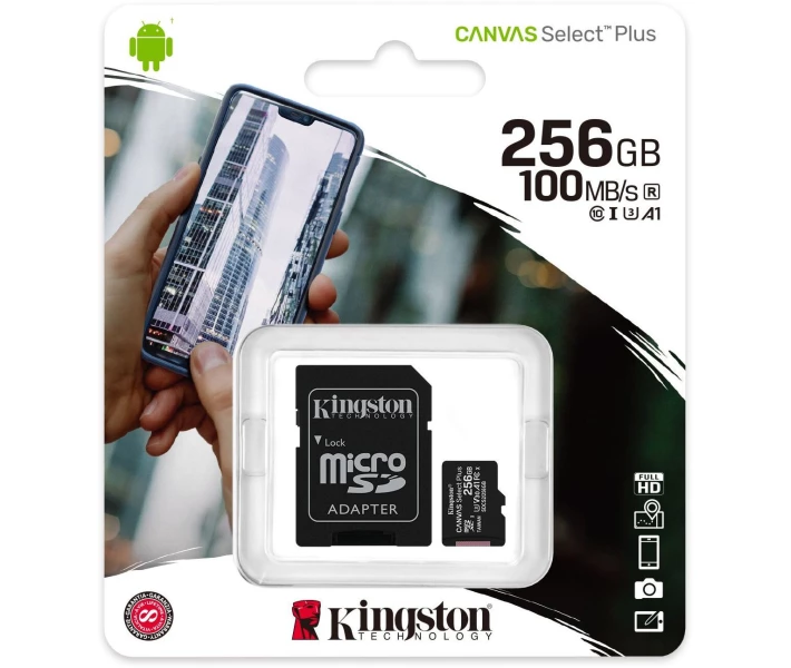 Фото - карту памяти Карта памяти Kingston microSDXC 256GB Canvas Select Plus Class 10 UHS-I U3 V30 A1 + SD-адаптер (SDCS2/256GB) 