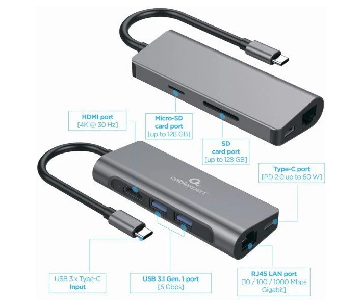 Фото - кардридер Док-станция Cablexpert USB-C Grey (A-CM-COMBO5-01)