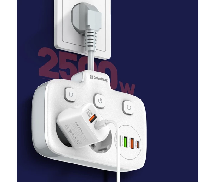 Фото - сетевой фильтр Сетевой фильтр-удлинитель СolorWay 2x220V/3xUSB-A/1xUSB-C white (CW-CHE24PDW)