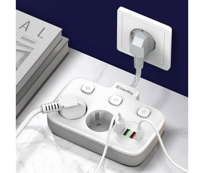 Фото - сетевой фильтр Сетевой фильтр-удлинитель СolorWay 2x220V/3xUSB-A/1xUSB-C white (CW-CHE24PDW)