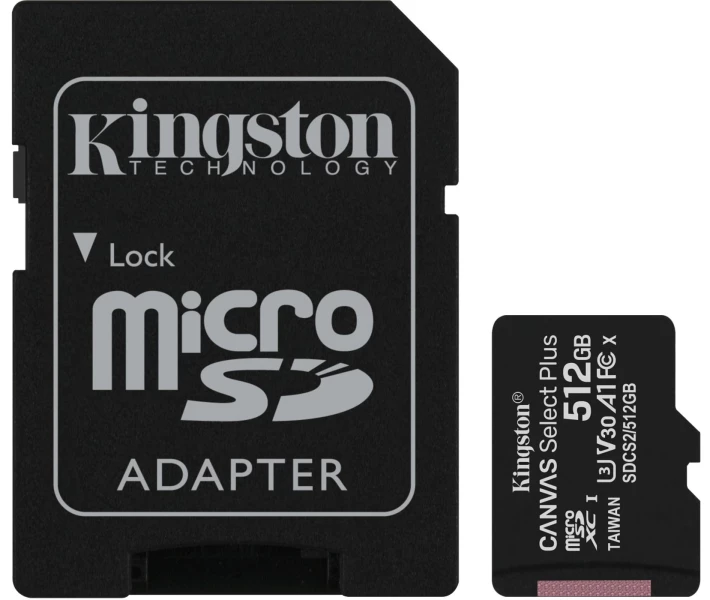 Фото - карту памяти Карта памяти Kingston microSDXC 512B Canvas Select Plus Class 10 UHS-I U3 V30 A1 + SD-адаптер (SDCS2/512GB)