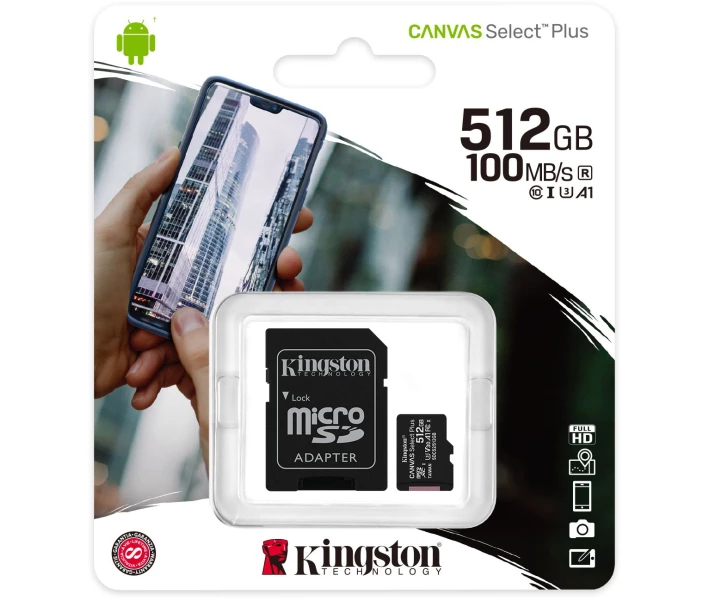 Фото - карту памяти Карта памяти Kingston microSDXC 512B Canvas Select Plus Class 10 UHS-I U3 V30 A1 + SD-адаптер (SDCS2/512GB)