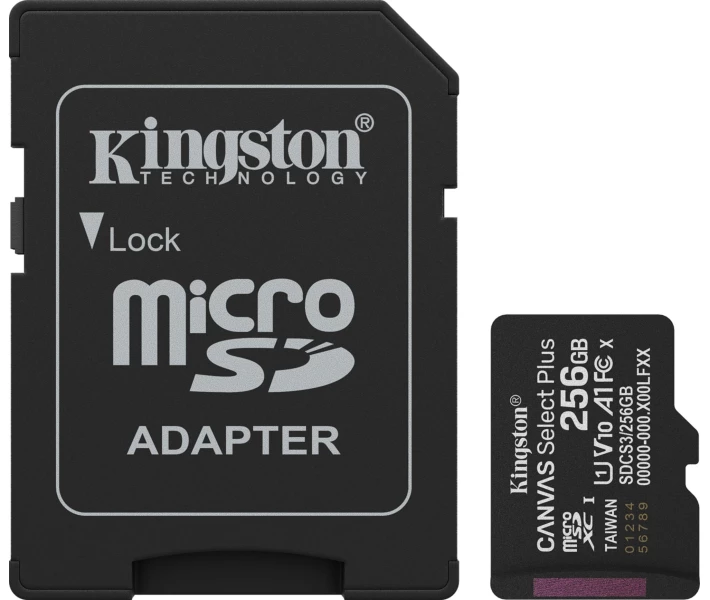 Фото - карту памяти Карта памяти Kingston MicroSDXC 256GB Canvas Select Plus Gen3 150MB/s A10 + SD-адаптер (SDCS3/256GB)
