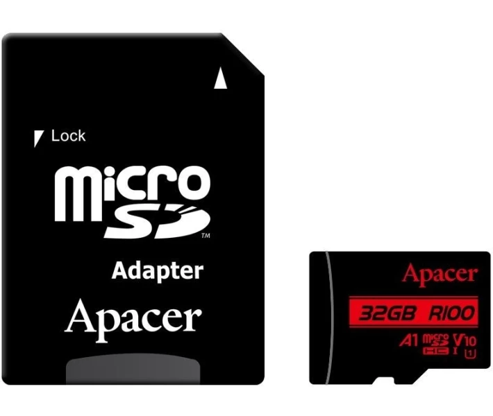 Фото - карту памяти Карта памяти Apacer microSDHC UHS-I 32GB R100 V10 A1 + SD adapter (AP32GMCSH10UB-R)