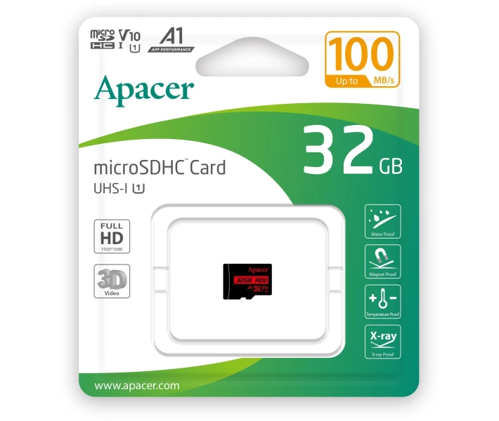 Фото - карту памяти Карта памяти Apacer microSDHC UHS-I 32GB R100 V10 A1 (AP32GMCSH10UB-RA)