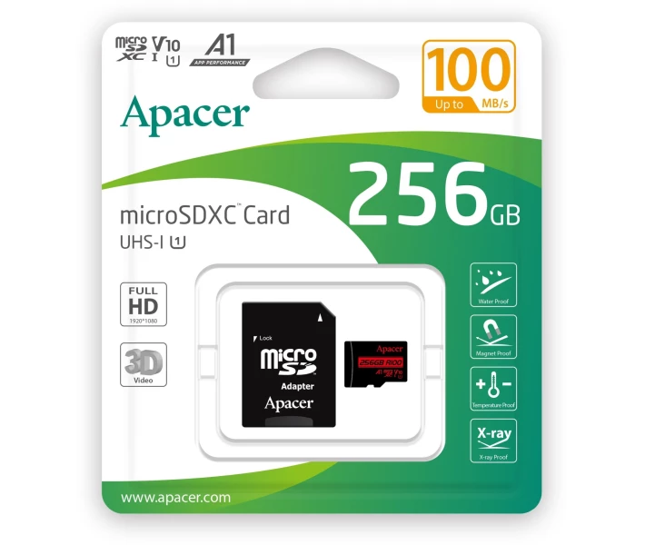 Фото - карту памяти Карта памяти Apacer microSDXC UHS-I 256GB R100 V10 A1 + SD adapter (AP256GMCSX10UB-R)