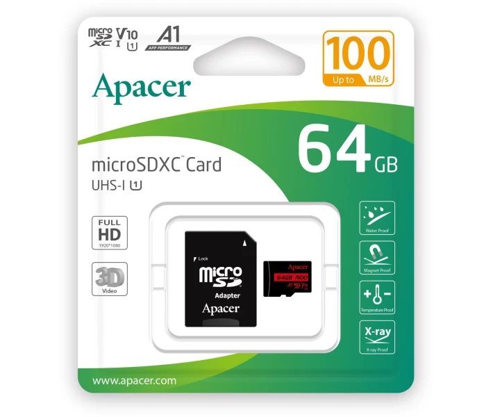 Фото - карту памяти Карта памяти Apacer microSDXC UHS-I 64GB R100 V10 A1 + SD adapter (AP64GMCSX10UB-R)