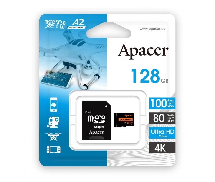 Фото - карту памяти Карта памяти Apacer microSDXC UHS-I U3 128GB V30 A2 +SD адаптер (AP128GMCSX10U8-R)