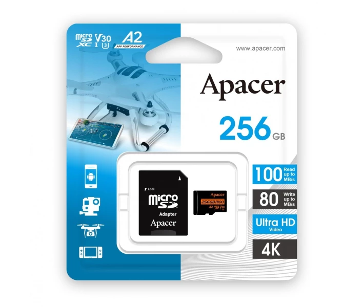 Фото - карту памяти Карта памяти Apacer microSDXC UHS-I U3 256GB V30 A2 +SD адаптер (AP256GMCSX10U8-R)