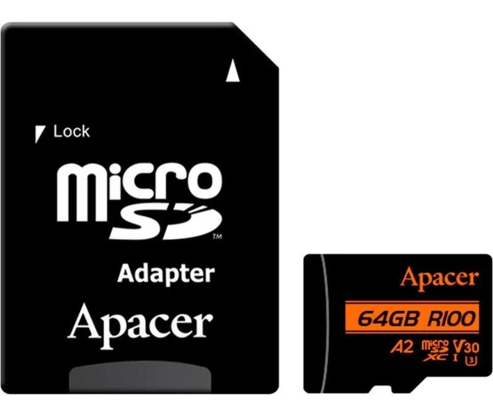 Фото - карту пам'яті Карта пам'яті Apacer microSDXC UHS-I U3 64GB V30 A2 адаптер +SD (AP64GMCSX10U8-R)