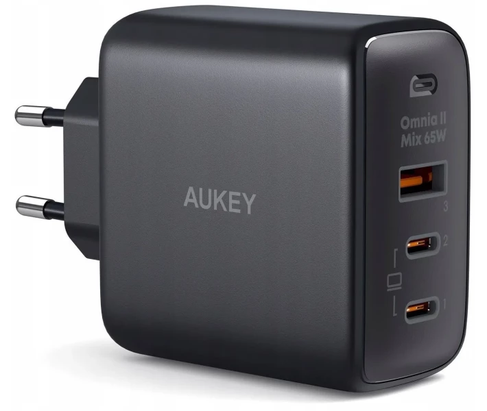 Фото - зарядний пристрій для телефону і планшета Зарядний пристрій Aukey U+2C 65W GaN Power Tech (PA-B6T) чорний