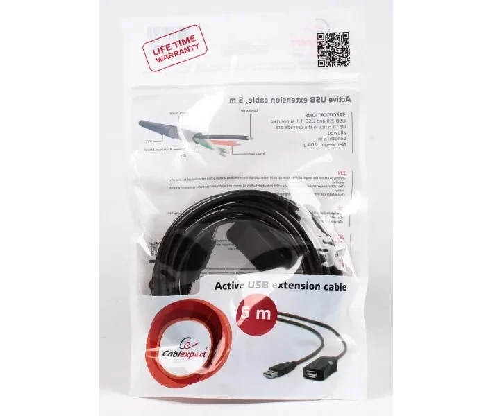 Фото - кабель та перехідник Удлинитель Cablexpert USB2.0, активный, 5 м, черный (UAE-01-5M)