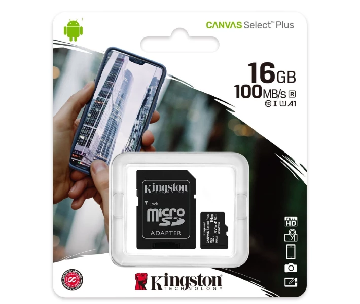 Фото - карту пам'яті Карта пам'яті Kingston 16GB microSDHC Canvas Select Plus 100R A1 C10 + SD адаптер (SDCS2/16GB)