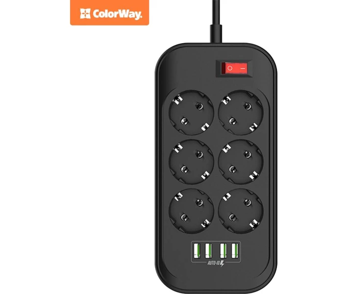Фото - мережевий фільтр Мережевий фільтр ColorWay 6 розеток / 4USB Black (CW-CHE64B) 2m