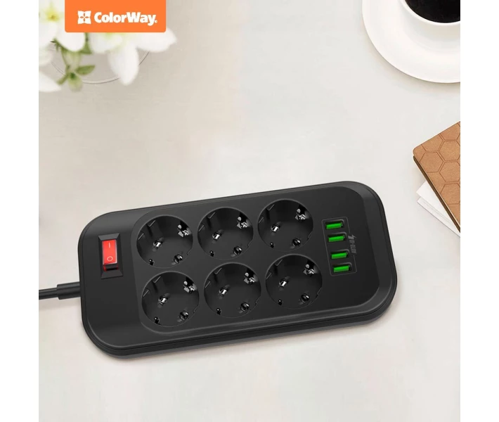 Фото - мережевий фільтр Мережевий фільтр ColorWay 6 розеток / 4USB Black (CW-CHE64B) 2m