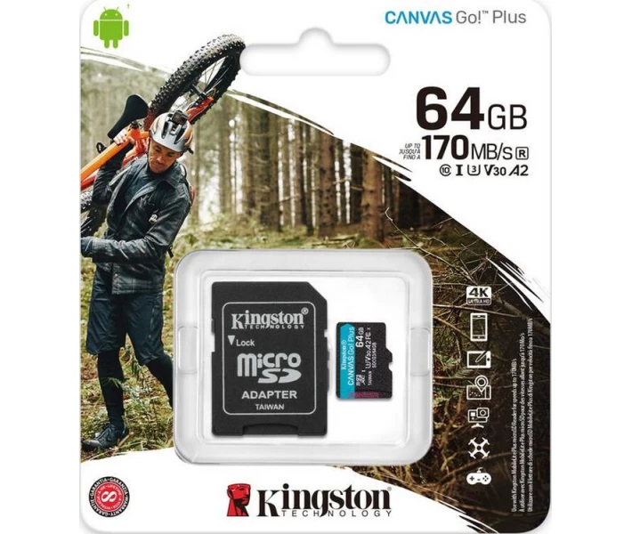 Фото - карту пам'яті Карта пам'яті Kingston MicroSDXC 64GB Canvas Go! Plus Class 10 UHS-I U3 V30 A2 + SD-адаптер (SDCG3/64GB)