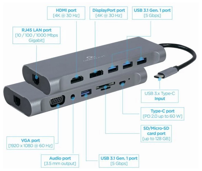 Фото - кардрідер Док-станція Cablexpert USB-C Grey (A-CM-COMBO8-01)