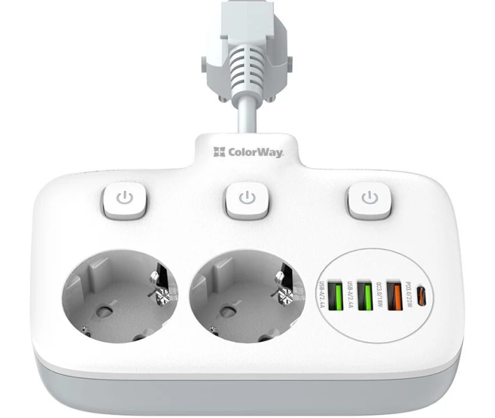 Фото - мережевий фільтр Мережевий фільтр-подовжувач СolorWay 2x220V/3xUSB-A/1xUSB-C white (CW-CHE24PDW)