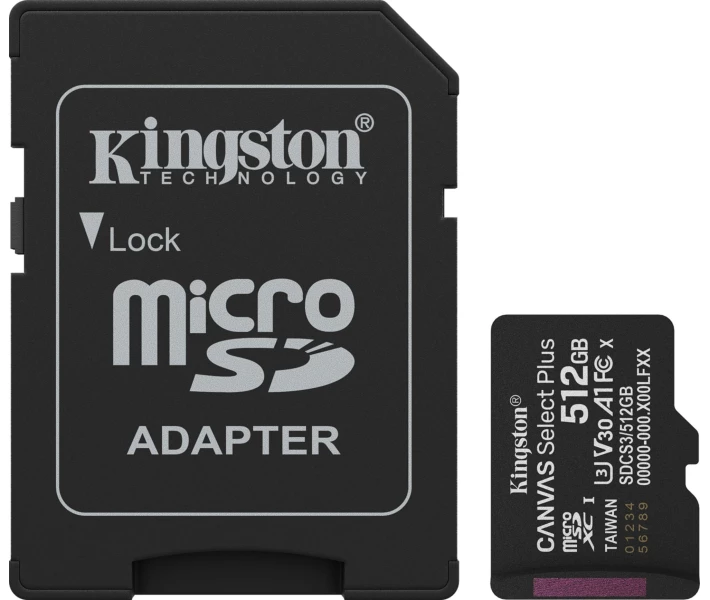 Фото - карту пам'яті Карта пам'яті Kingston MicroSDXC 512GB Canvas Select Plus Gen3 150MB/s A1 + SD-адаптер (SDCS3/512GB)