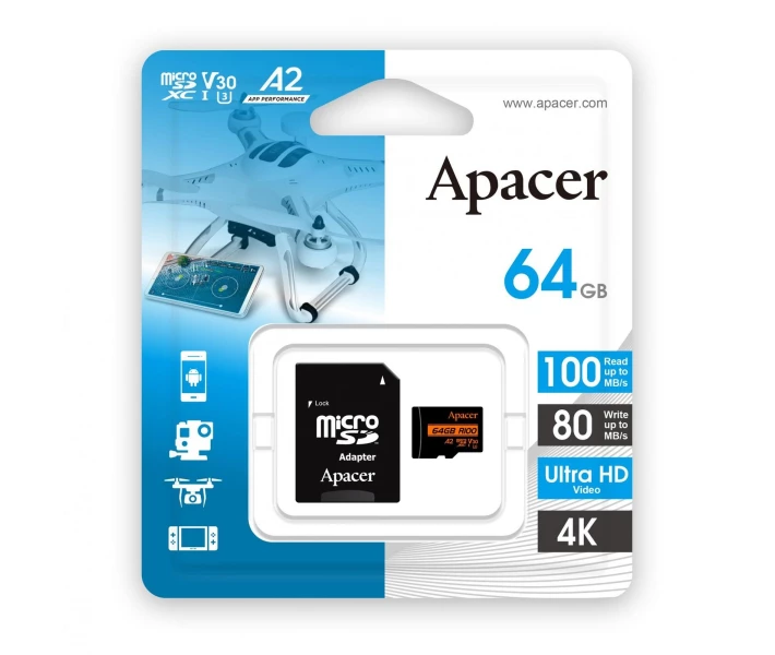 Фото - карту пам'яті Карта пам'яті Apacer microSDXC UHS-I U3 64GB V30 A2 адаптер +SD (AP64GMCSX10U8-R)