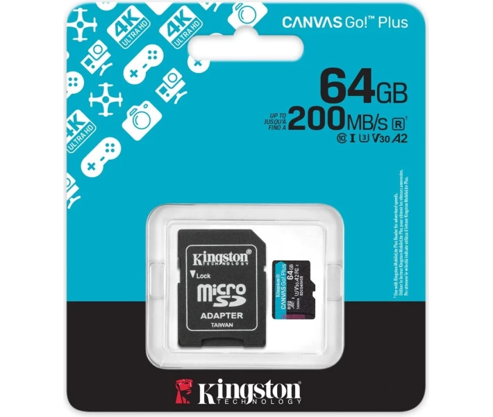 Фото - карту пам'яті Карта пам'яті Kingston MicroSDXC 64GB Canvas Go Plus Gen4 200MB/s A2 U3 V30 + SD-адаптер (SDCG4/64GB)
